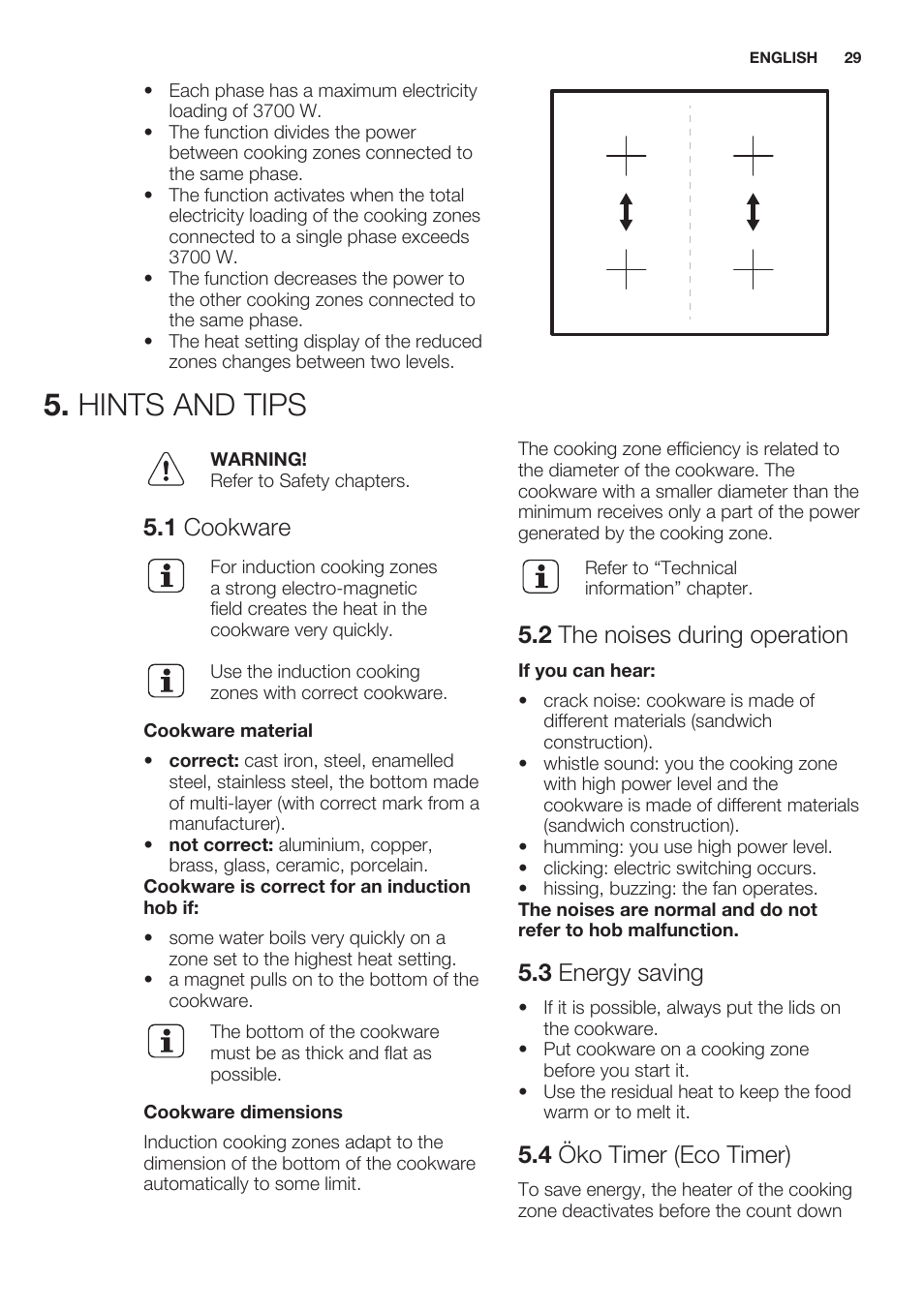 Hints and tips, 1 cookware, 2 the noises during operation | 3 energy saving, 4 öko timer (eco timer) | Electrolux EHL7640FOK User Manual | Page 29 / 76