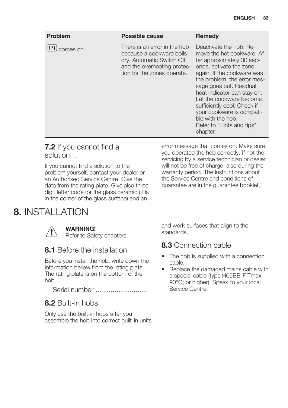 2 if you cannot find a solution, Installation, 1 before the installation | 2 built-in hobs, 3 connection cable | Electrolux EHL7640FOK User Manual | Page 33 / 76