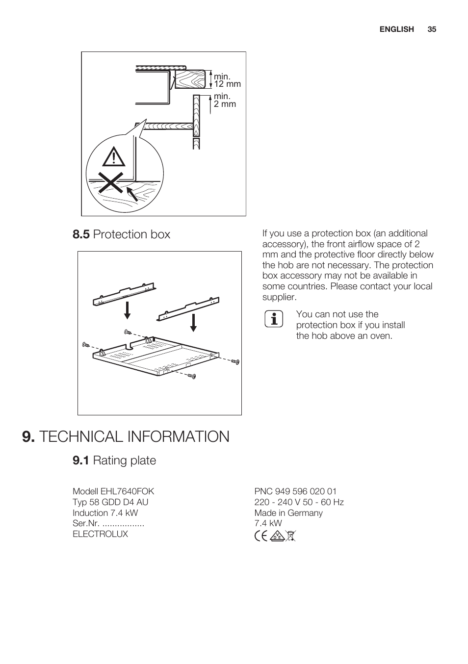 5 protection box, Technical information, 1 rating plate | Electrolux EHL7640FOK User Manual | Page 35 / 76