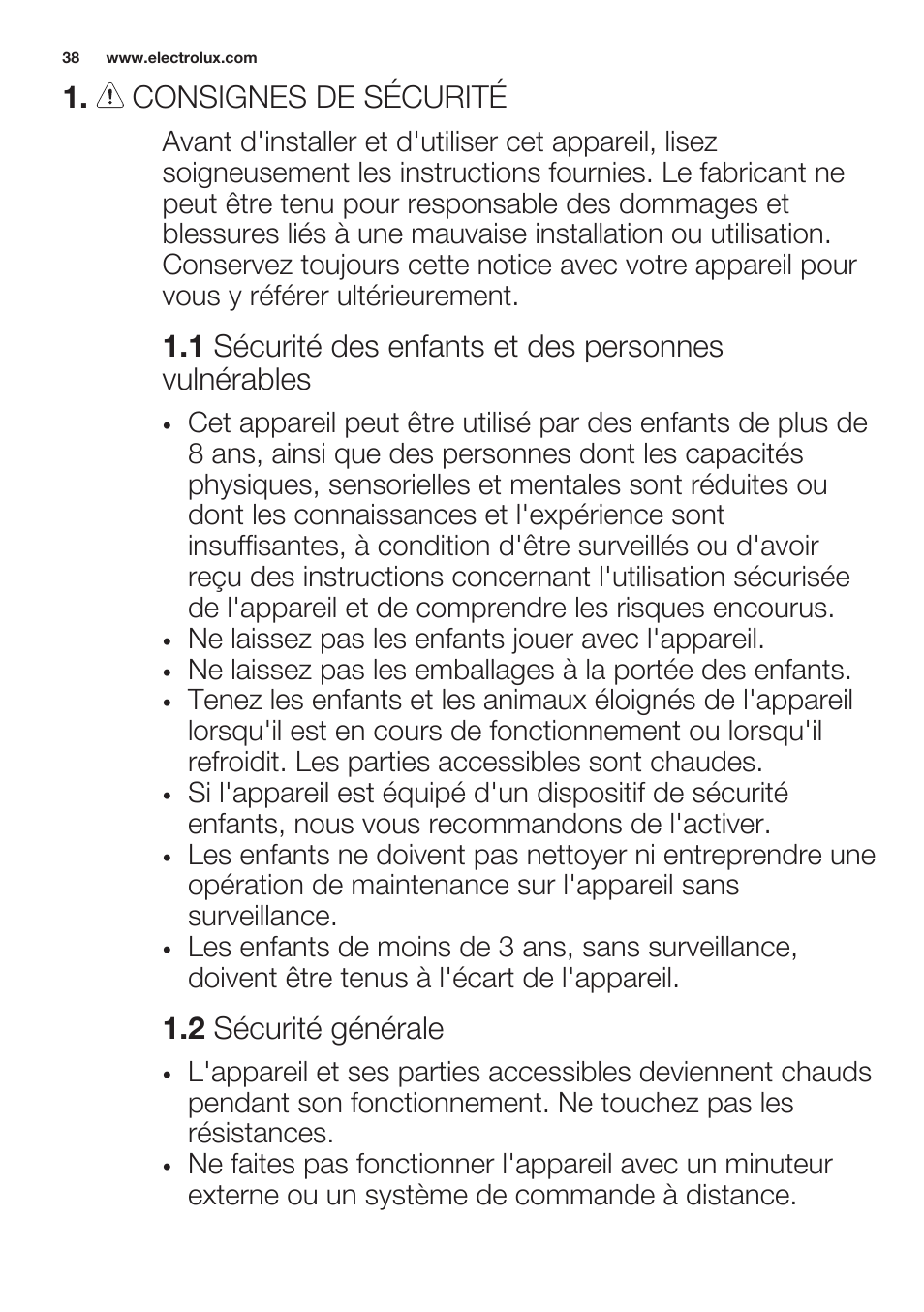 Consignes de sécurité, 2 sécurité générale | Electrolux EHL7640FOK User Manual | Page 38 / 76