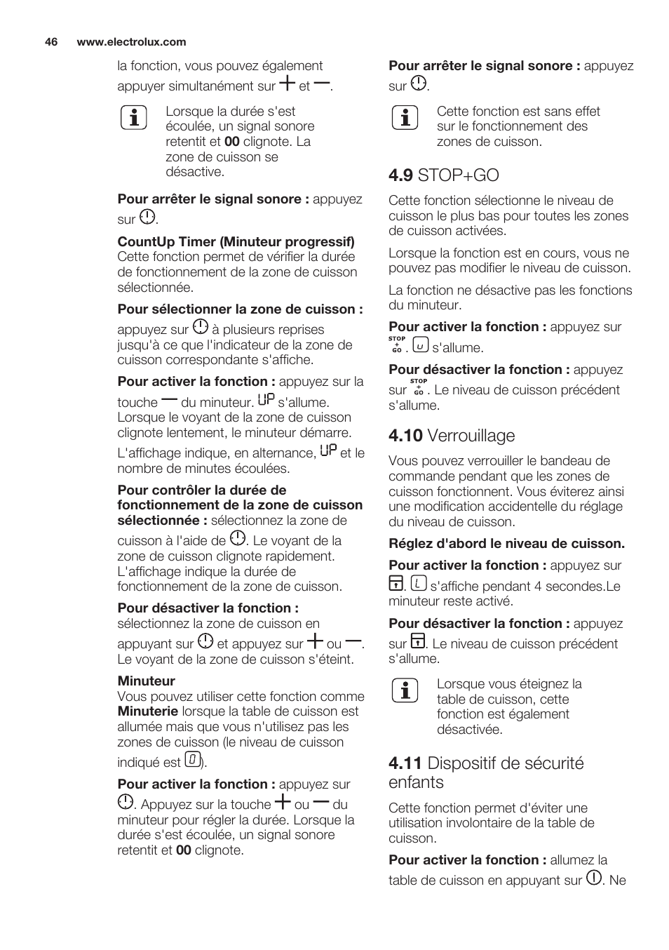 9 stop+go, 10 verrouillage, 11 dispositif de sécurité enfants | Electrolux EHL7640FOK User Manual | Page 46 / 76