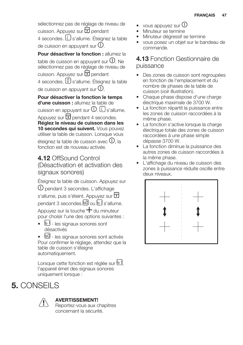 13 fonction gestionnaire de puissance, Conseils | Electrolux EHL7640FOK User Manual | Page 47 / 76