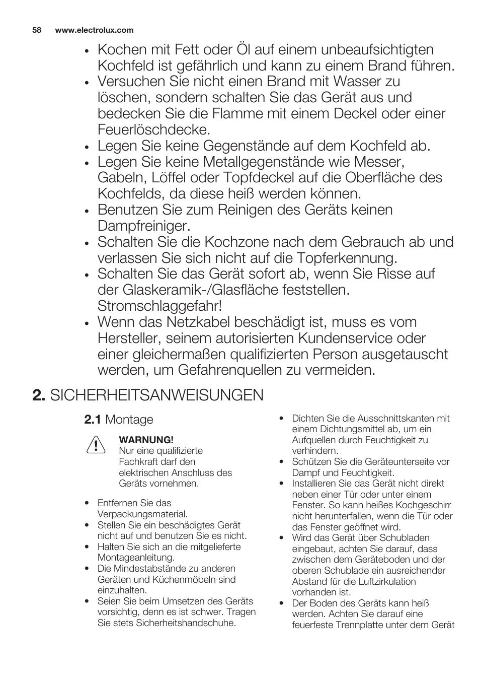 Sicherheitsanweisungen, 1 montage, Legen sie keine gegenstände auf dem kochfeld ab | Electrolux EHL7640FOK User Manual | Page 58 / 76