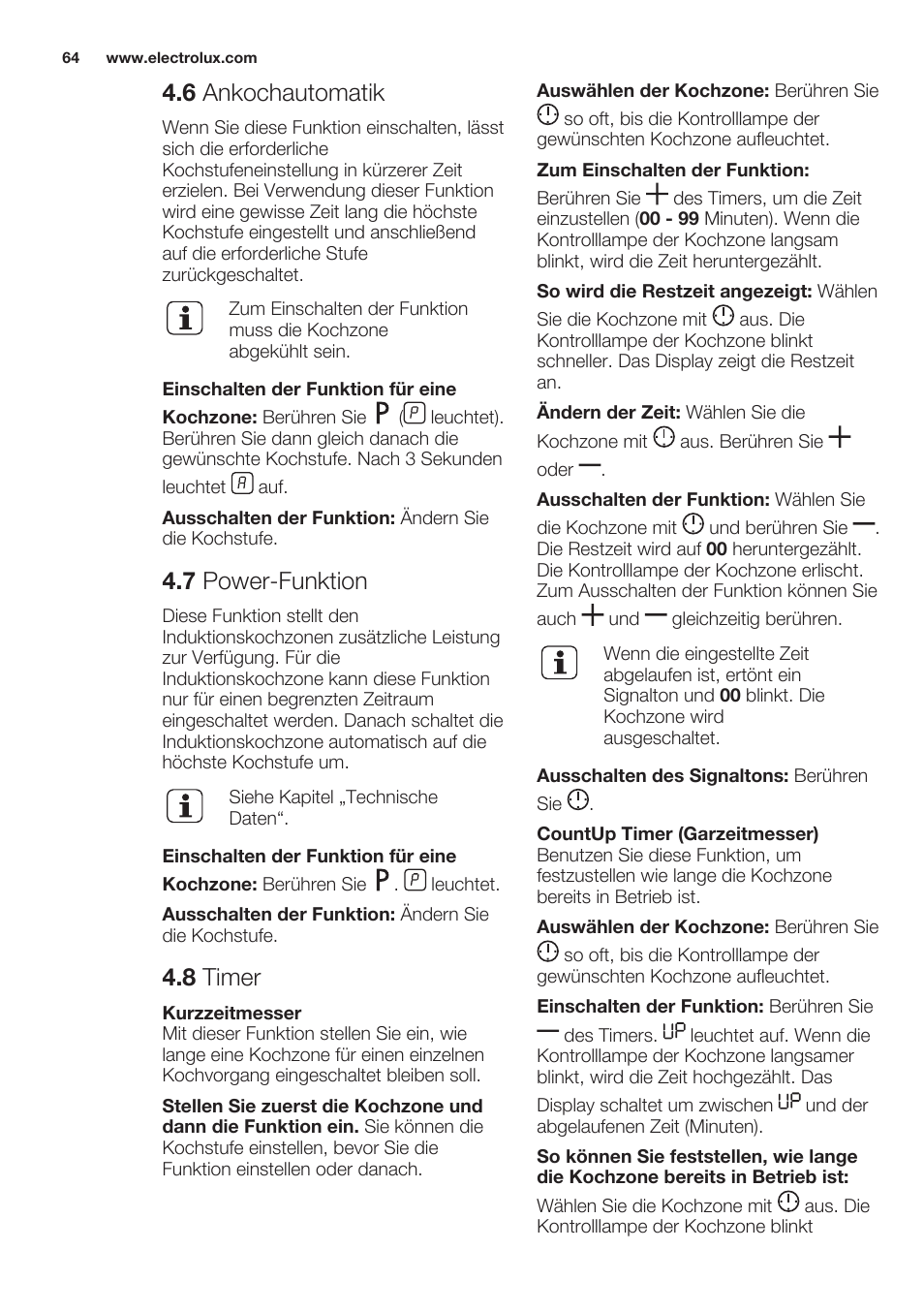 6 ankochautomatik, 7 power-funktion, 8 timer | Electrolux EHL7640FOK User Manual | Page 64 / 76