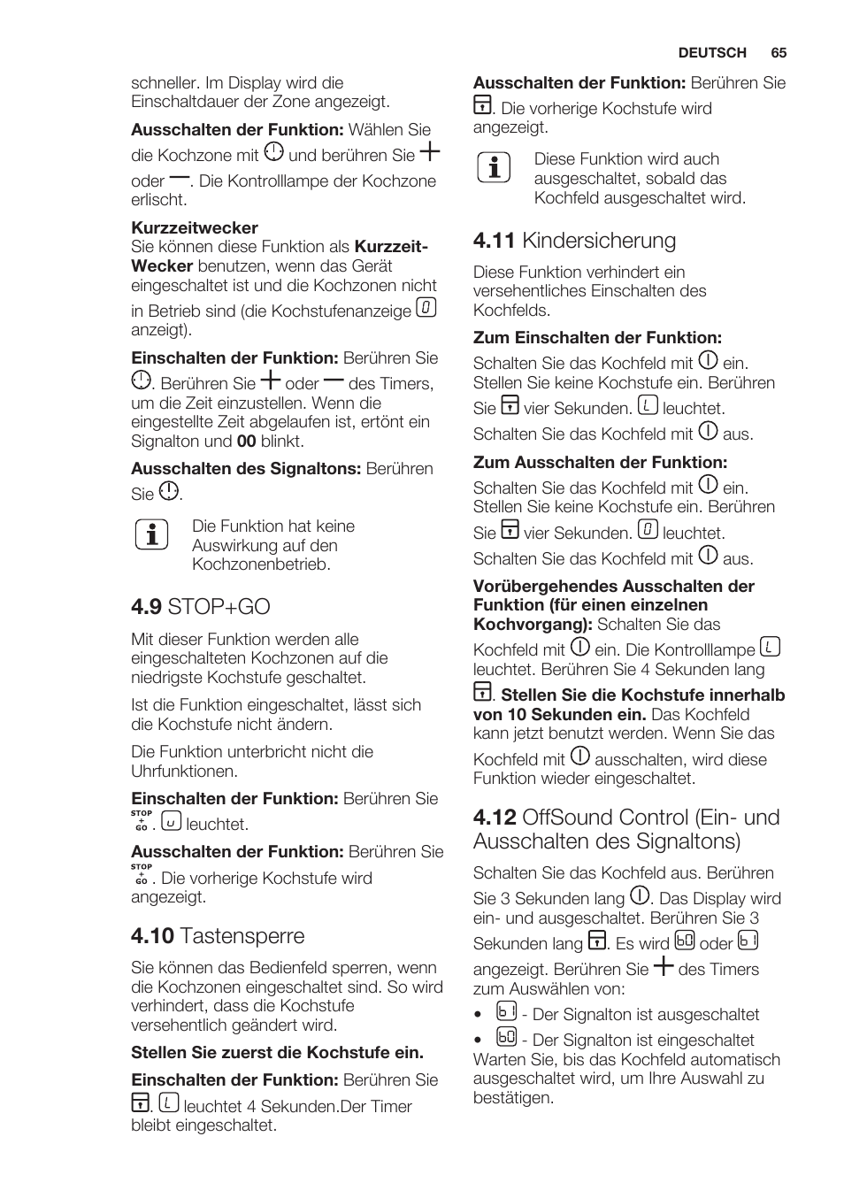 9 stop+go, 10 tastensperre, 11 kindersicherung | Electrolux EHL7640FOK User Manual | Page 65 / 76