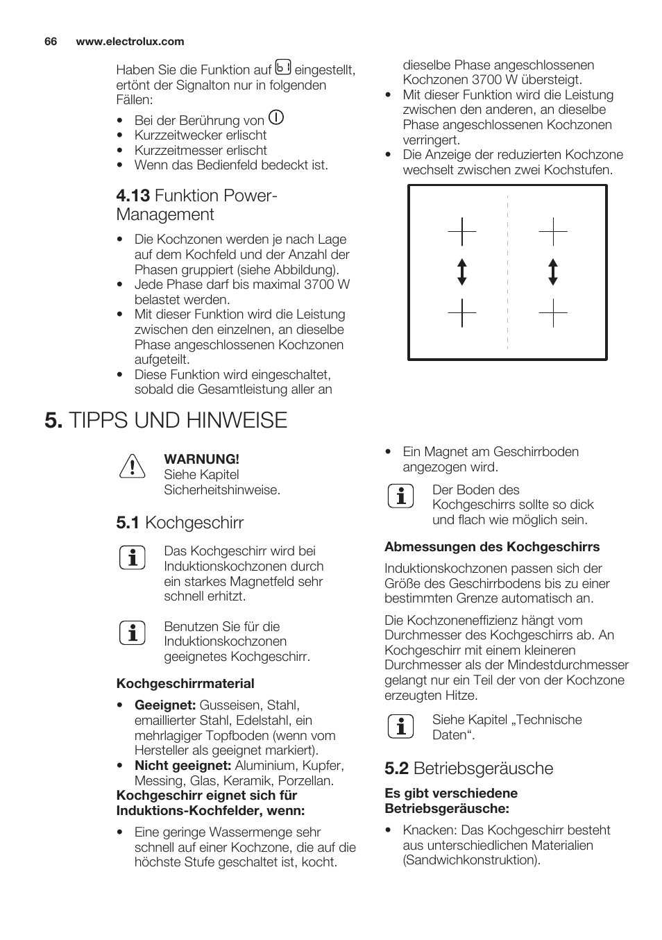 13 funktion power-management, Tipps und hinweise, 1 kochgeschirr | 2 betriebsgeräusche, 13 funktion power- management | Electrolux EHL7640FOK User Manual | Page 66 / 76