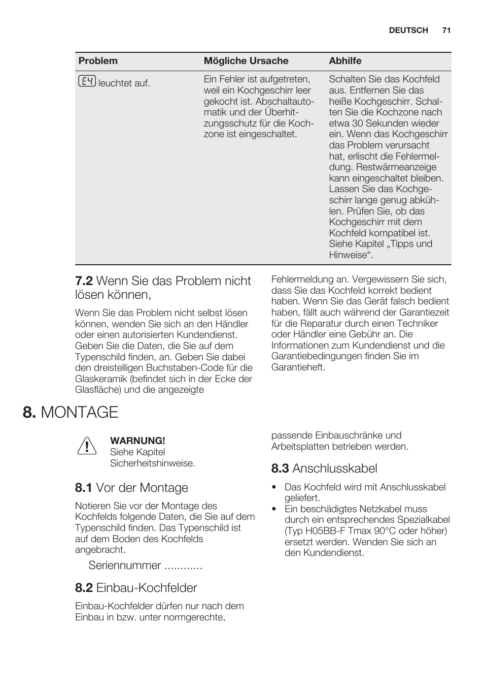 2 wenn sie das problem nicht lösen können, Montage, 1 vor der montage | 2 einbau-kochfelder, 3 anschlusskabel | Electrolux EHL7640FOK User Manual | Page 71 / 76