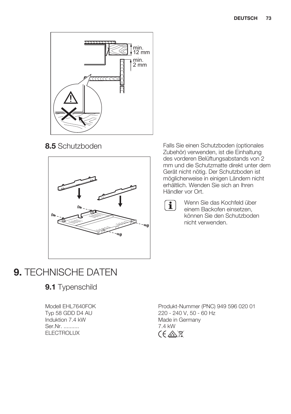 5 schutzboden, Technische daten, 1 typenschild | Electrolux EHL7640FOK User Manual | Page 73 / 76