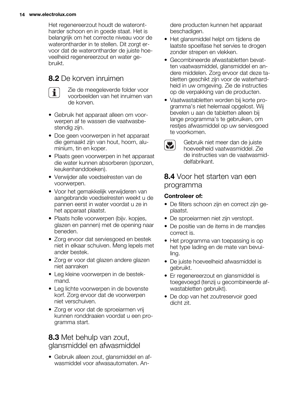 2 de korven inruimen, 3 met behulp van zout, glansmiddel en afwasmiddel, 4 voor het starten van een programma | Electrolux ESL6552RA User Manual | Page 14 / 72