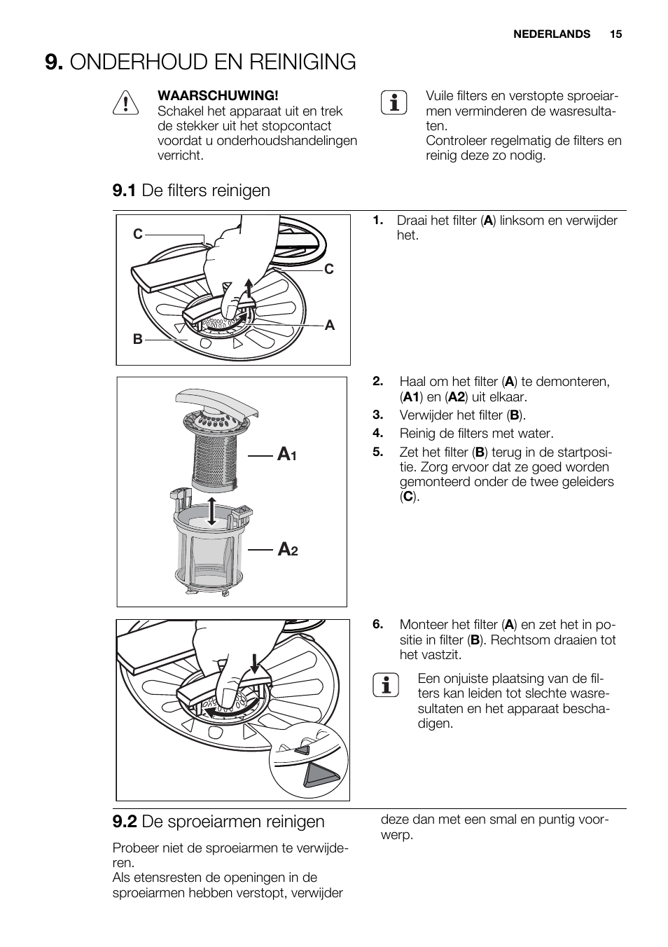 Onderhoud en reiniging, 1 de filters reinigen, 2 de sproeiarmen reinigen | Electrolux ESL6552RA User Manual | Page 15 / 72