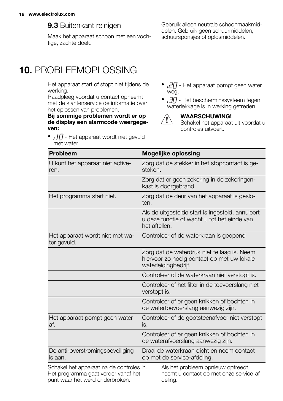 Probleemoplossing, 3 buitenkant reinigen | Electrolux ESL6552RA User Manual | Page 16 / 72
