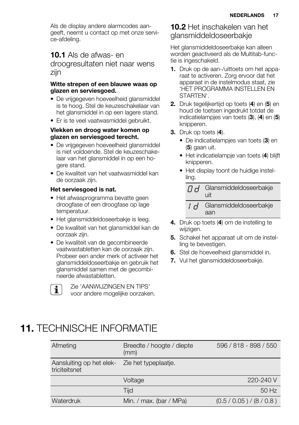 Technische informatie, 2 het inschakelen van het glansmiddeldoseerbakje | Electrolux ESL6552RA User Manual | Page 17 / 72