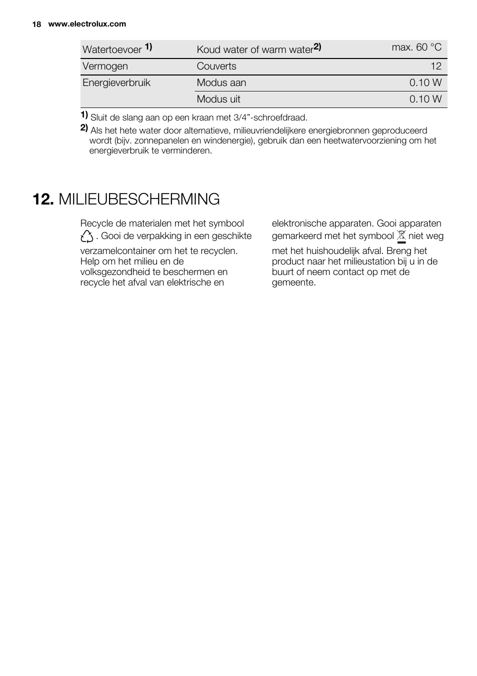 Milieubescherming | Electrolux ESL6552RA User Manual | Page 18 / 72