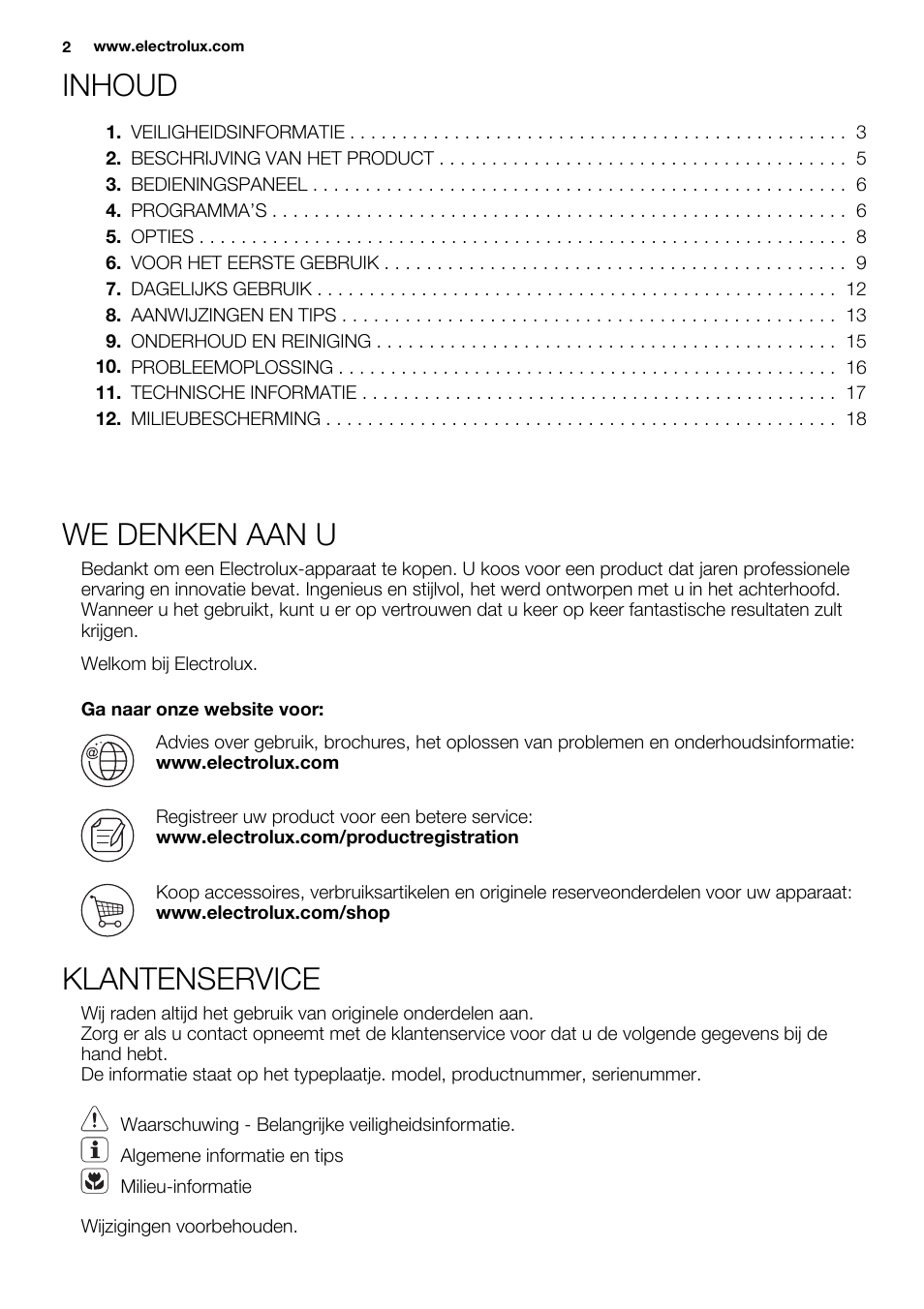 Inhoud, We denken aan u, Klantenservice | Electrolux ESL6552RA User Manual | Page 2 / 72