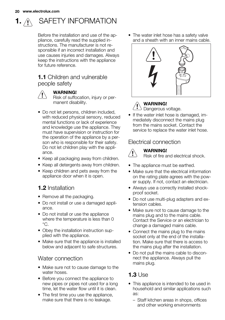 Safety information, 1 children and vulnerable people safety, 2 installation | Water connection, Electrical connection, 3 use | Electrolux ESL6552RA User Manual | Page 20 / 72