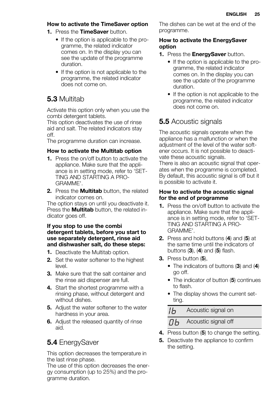 3 multitab, 4 energysaver, 5 acoustic signals | Electrolux ESL6552RA User Manual | Page 25 / 72