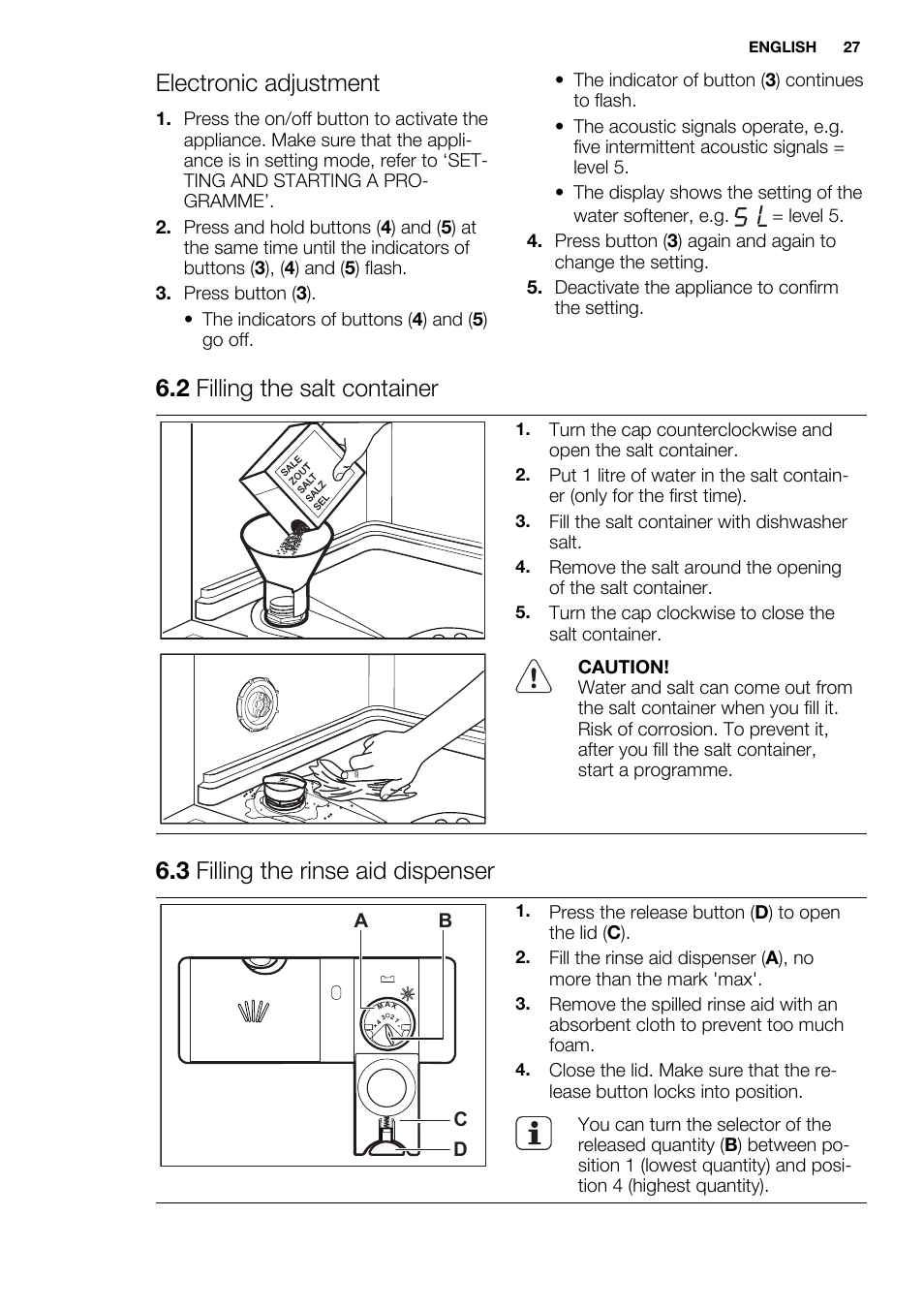 Electronic adjustment, 2 filling the salt container, 3 filling the rinse aid dispenser | Electrolux ESL6552RA User Manual | Page 27 / 72