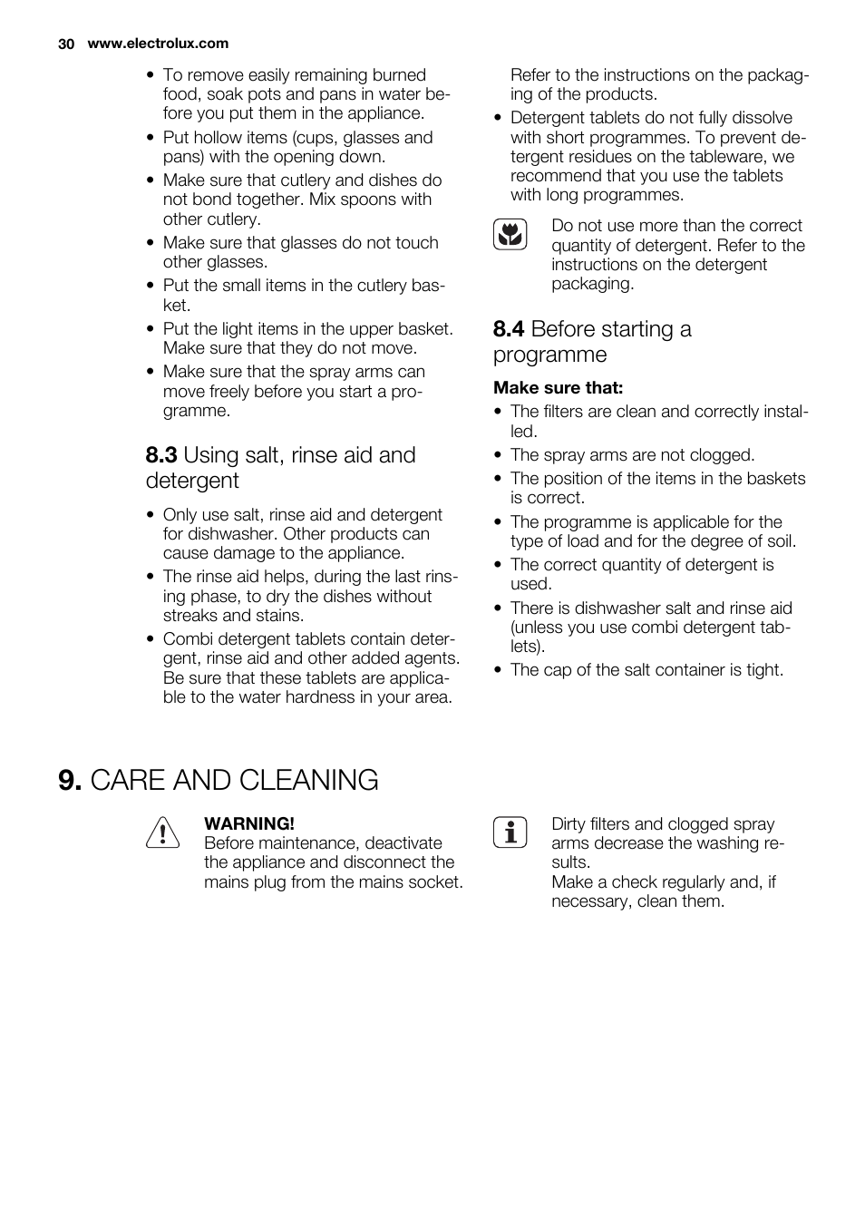 Care and cleaning, 3 using salt, rinse aid and detergent, 4 before starting a programme | Electrolux ESL6552RA User Manual | Page 30 / 72