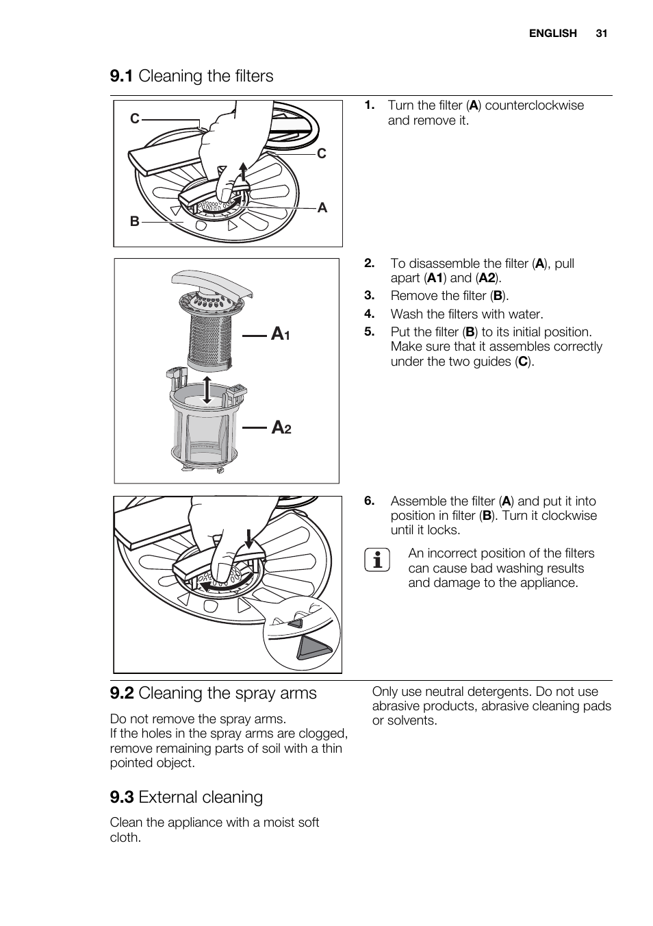 1 cleaning the filters, 2 cleaning the spray arms, 3 external cleaning | Electrolux ESL6552RA User Manual | Page 31 / 72