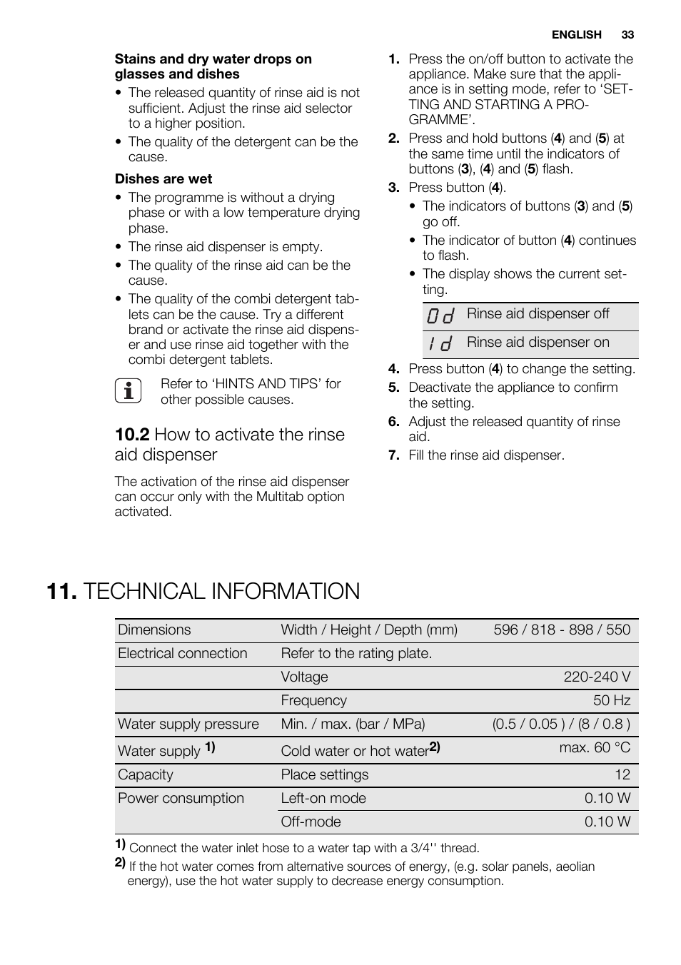 Technical information, 2 how to activate the rinse aid dispenser | Electrolux ESL6552RA User Manual | Page 33 / 72