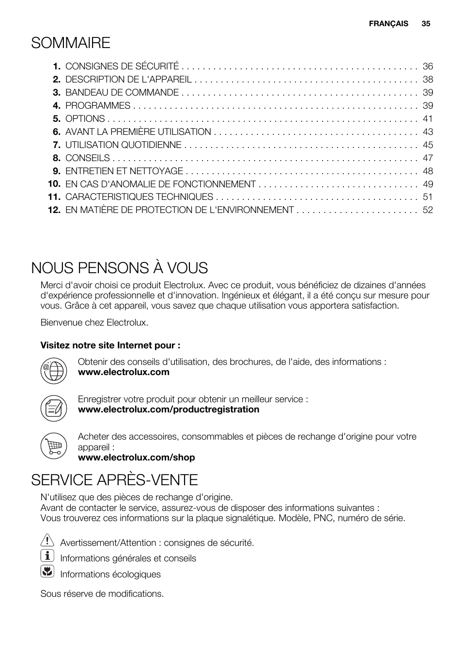 Sommaire, Nous pensons à vous, Service après-vente | Electrolux ESL6552RA User Manual | Page 35 / 72