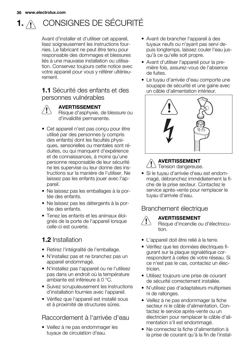 Consignes de sécurité, 2 installation, Raccordement à l'arrivée d'eau | Branchement électrique | Electrolux ESL6552RA User Manual | Page 36 / 72