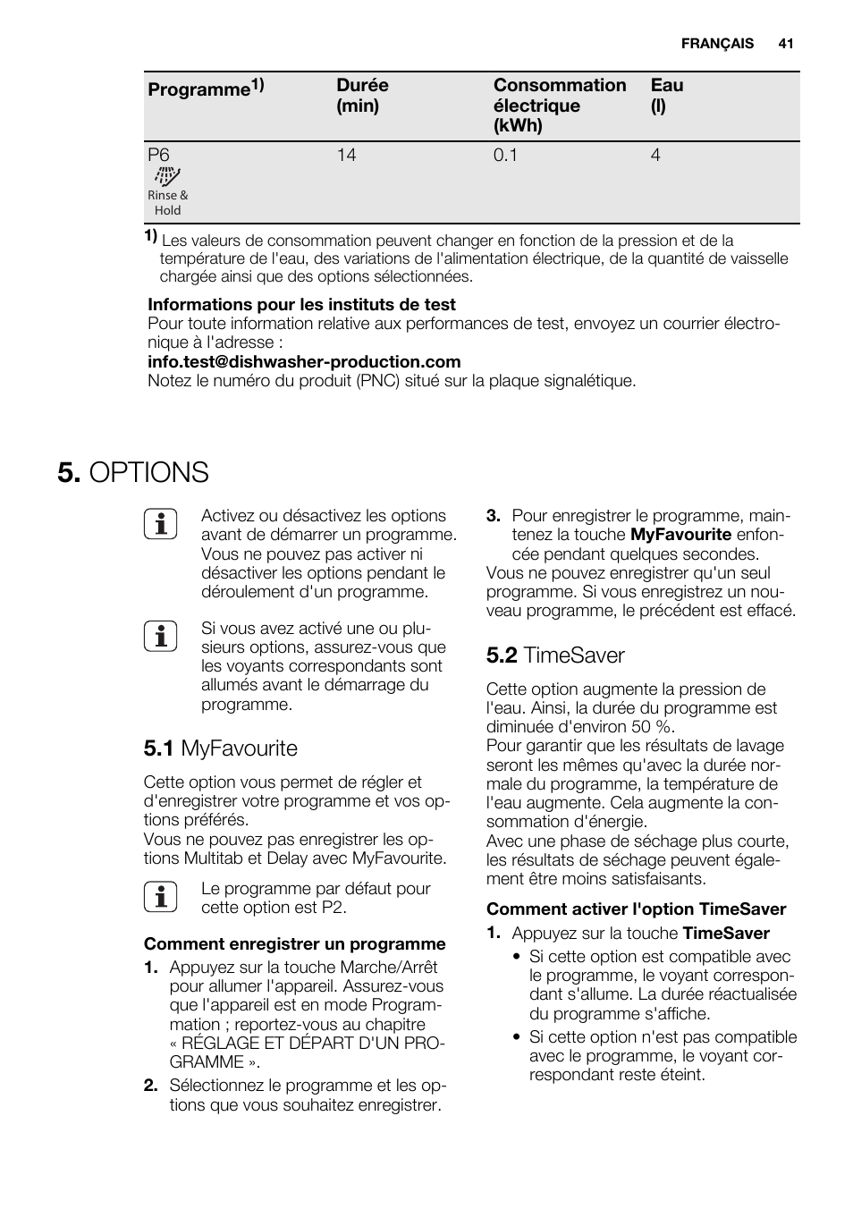 Options, 1 myfavourite, 2 timesaver | Electrolux ESL6552RA User Manual | Page 41 / 72