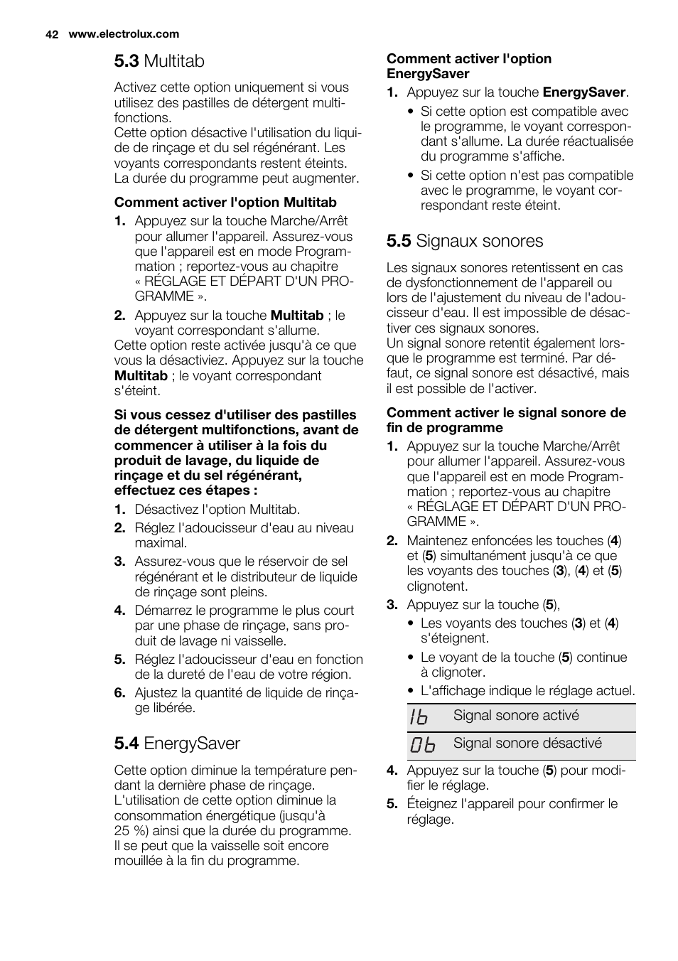 3 multitab, 4 energysaver, 5 signaux sonores | Electrolux ESL6552RA User Manual | Page 42 / 72