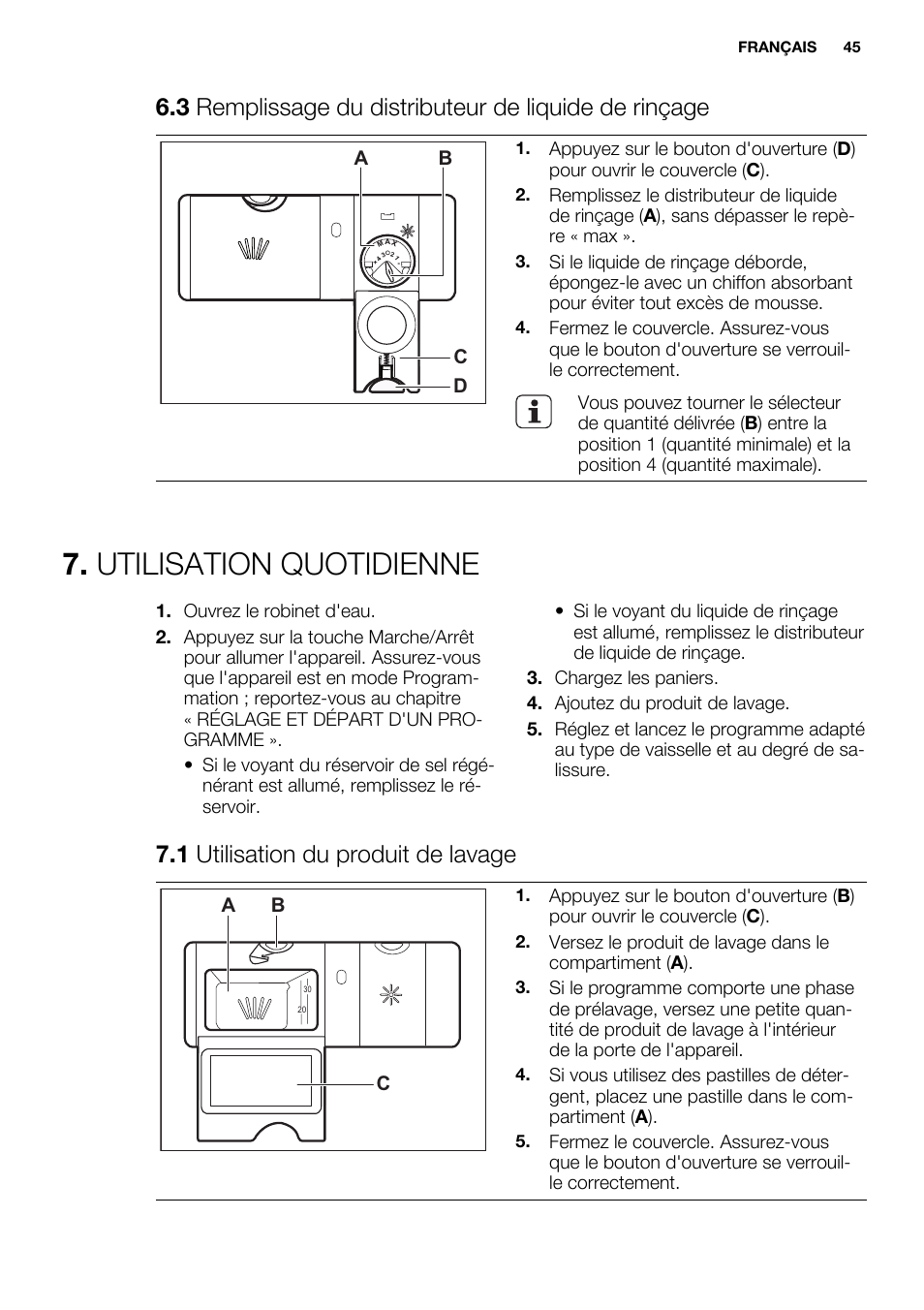 Utilisation quotidienne, 1 utilisation du produit de lavage, Ab d c | Ab c | Electrolux ESL6552RA User Manual | Page 45 / 72