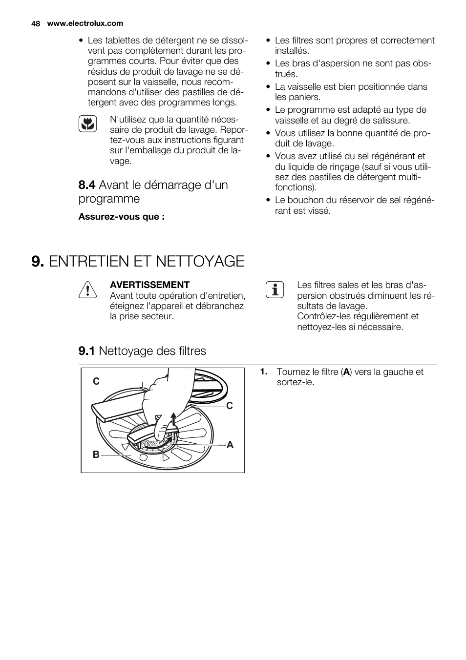 Entretien et nettoyage, 4 avant le démarrage d'un programme, 1 nettoyage des filtres | Electrolux ESL6552RA User Manual | Page 48 / 72