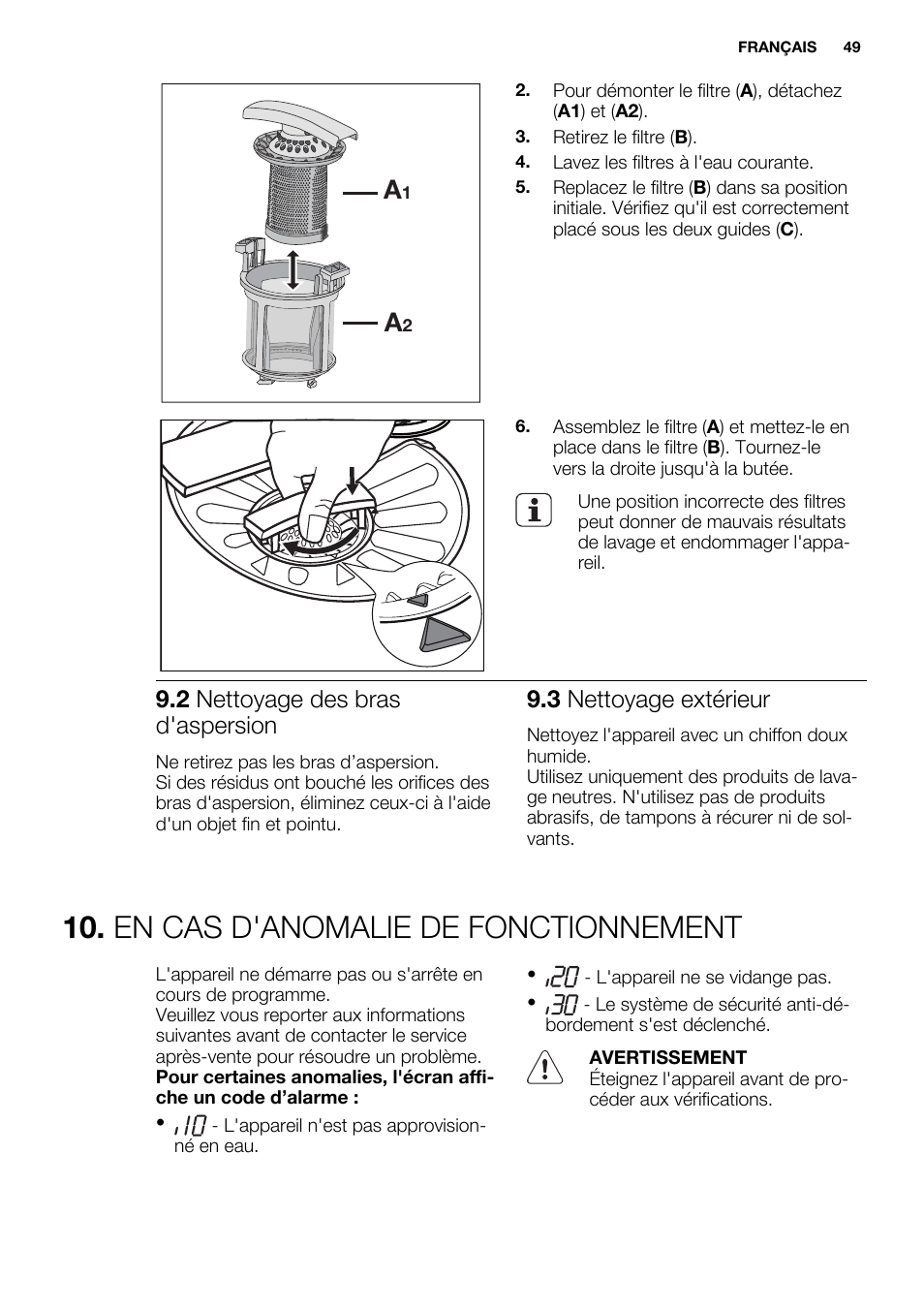 En cas d'anomalie de fonctionnement, 2 nettoyage des bras d'aspersion, 3 nettoyage extérieur | Electrolux ESL6552RA User Manual | Page 49 / 72