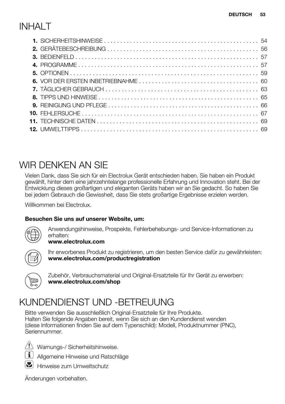 Inhalt, Wir denken an sie, Kundendienst und -betreuung | Electrolux ESL6552RA User Manual | Page 53 / 72