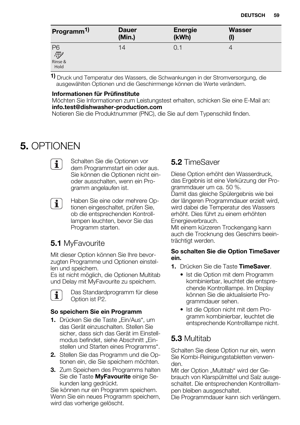 Optionen, 1 myfavourite, 2 timesaver | 3 multitab | Electrolux ESL6552RA User Manual | Page 59 / 72