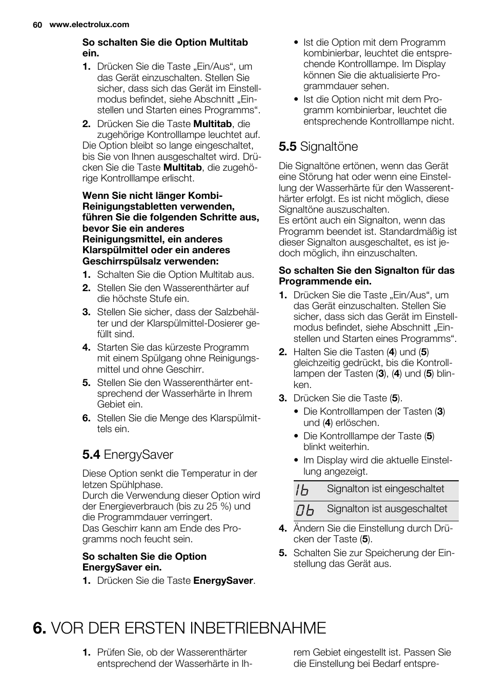 Vor der ersten inbetriebnahme, 4 energysaver, 5 signaltöne | Electrolux ESL6552RA User Manual | Page 60 / 72