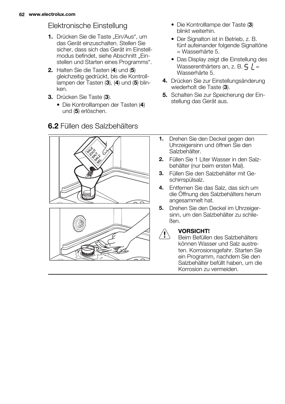 Elektronische einstellung, 2 füllen des salzbehälters | Electrolux ESL6552RA User Manual | Page 62 / 72