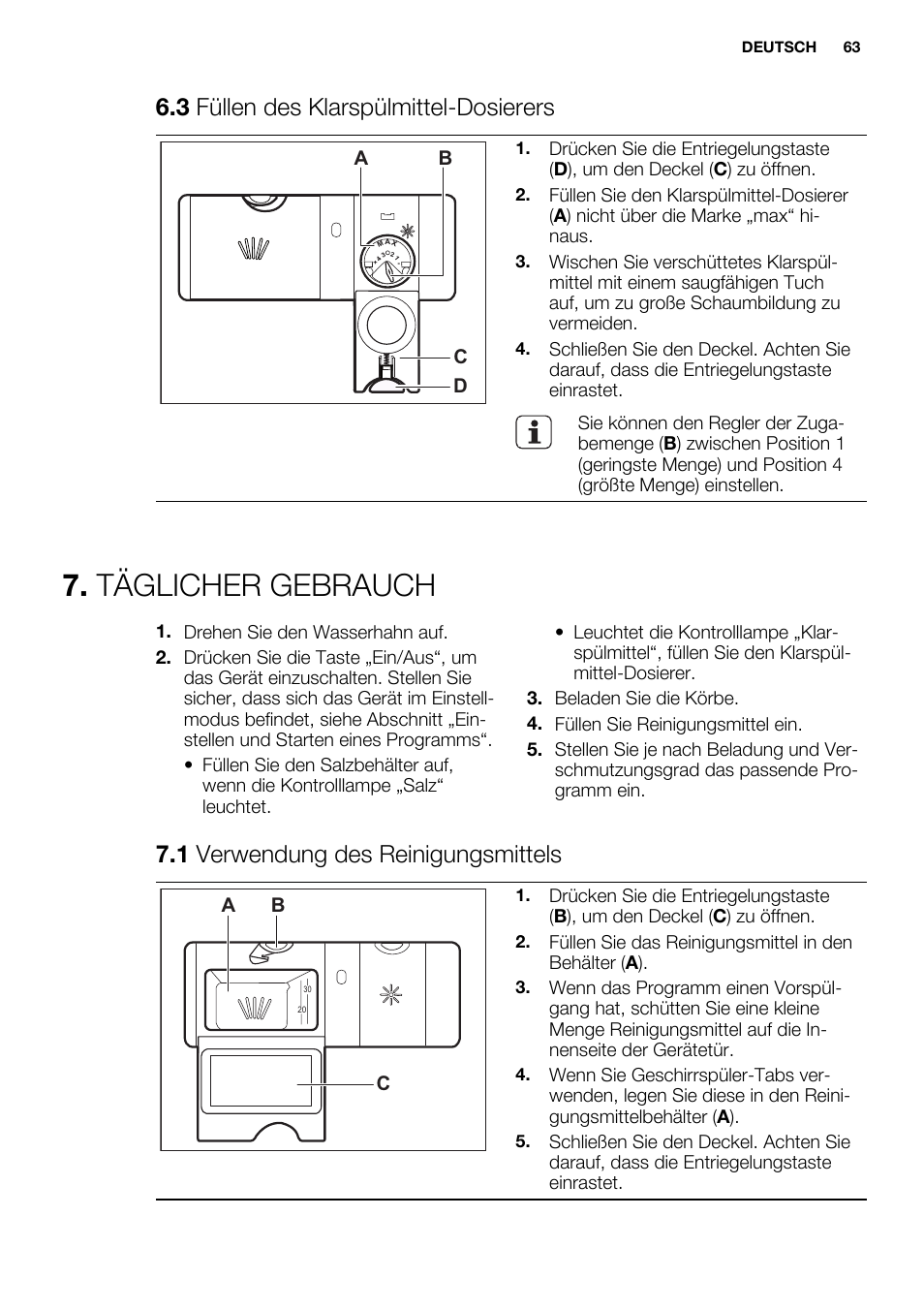 Täglicher gebrauch, 3 füllen des klarspülmittel-dosierers, 1 verwendung des reinigungsmittels | Ab d c, Ab c | Electrolux ESL6552RA User Manual | Page 63 / 72