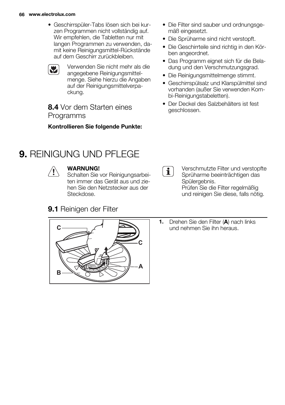 Reinigung und pflege, 4 vor dem starten eines programms, 1 reinigen der filter | Electrolux ESL6552RA User Manual | Page 66 / 72