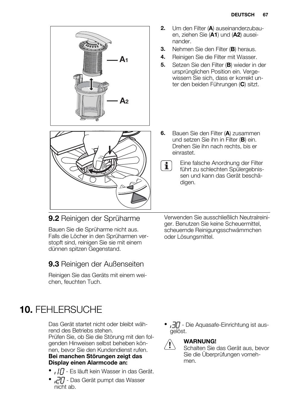 Fehlersuche, 2 reinigen der sprüharme, 3 reinigen der außenseiten | Electrolux ESL6552RA User Manual | Page 67 / 72