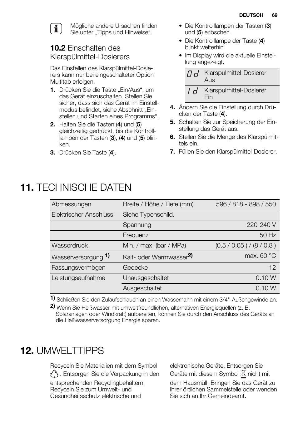 Technische daten, Umwelttipps, 2 einschalten des klarspülmittel-dosierers | Electrolux ESL6552RA User Manual | Page 69 / 72