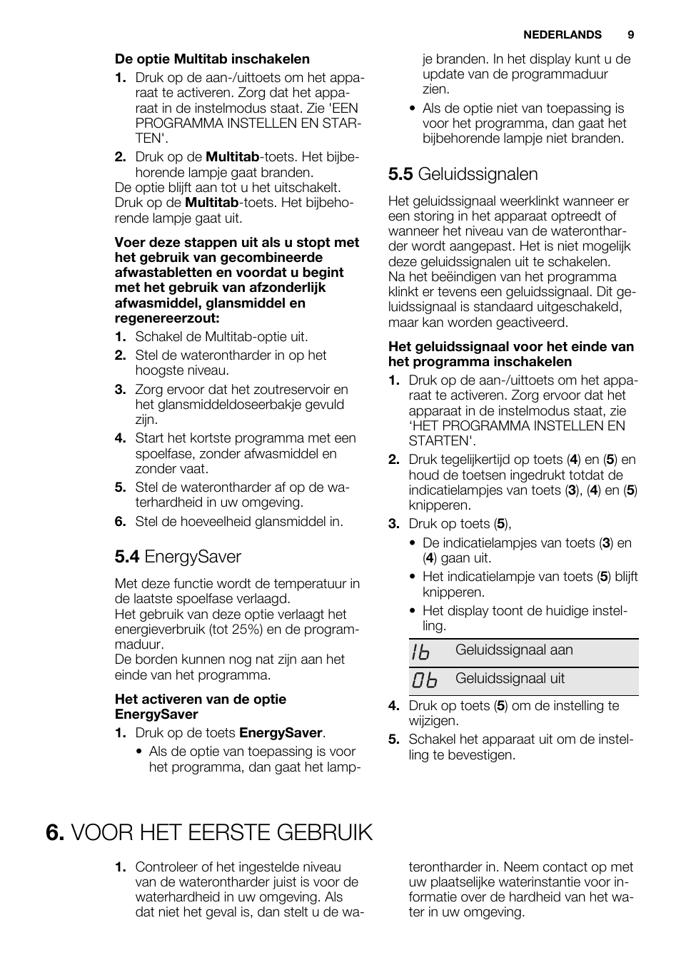 Voor het eerste gebruik, 4 energysaver, 5 geluidssignalen | Electrolux ESL6552RA User Manual | Page 9 / 72