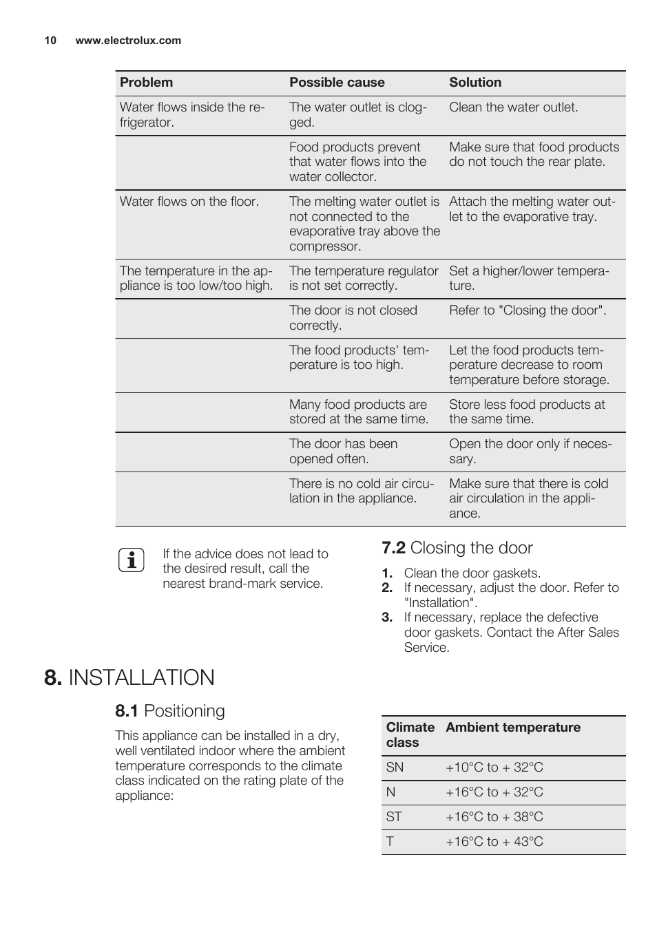 2 closing the door, Installation, 1 positioning | Electrolux ERN2301AOW User Manual | Page 10 / 68