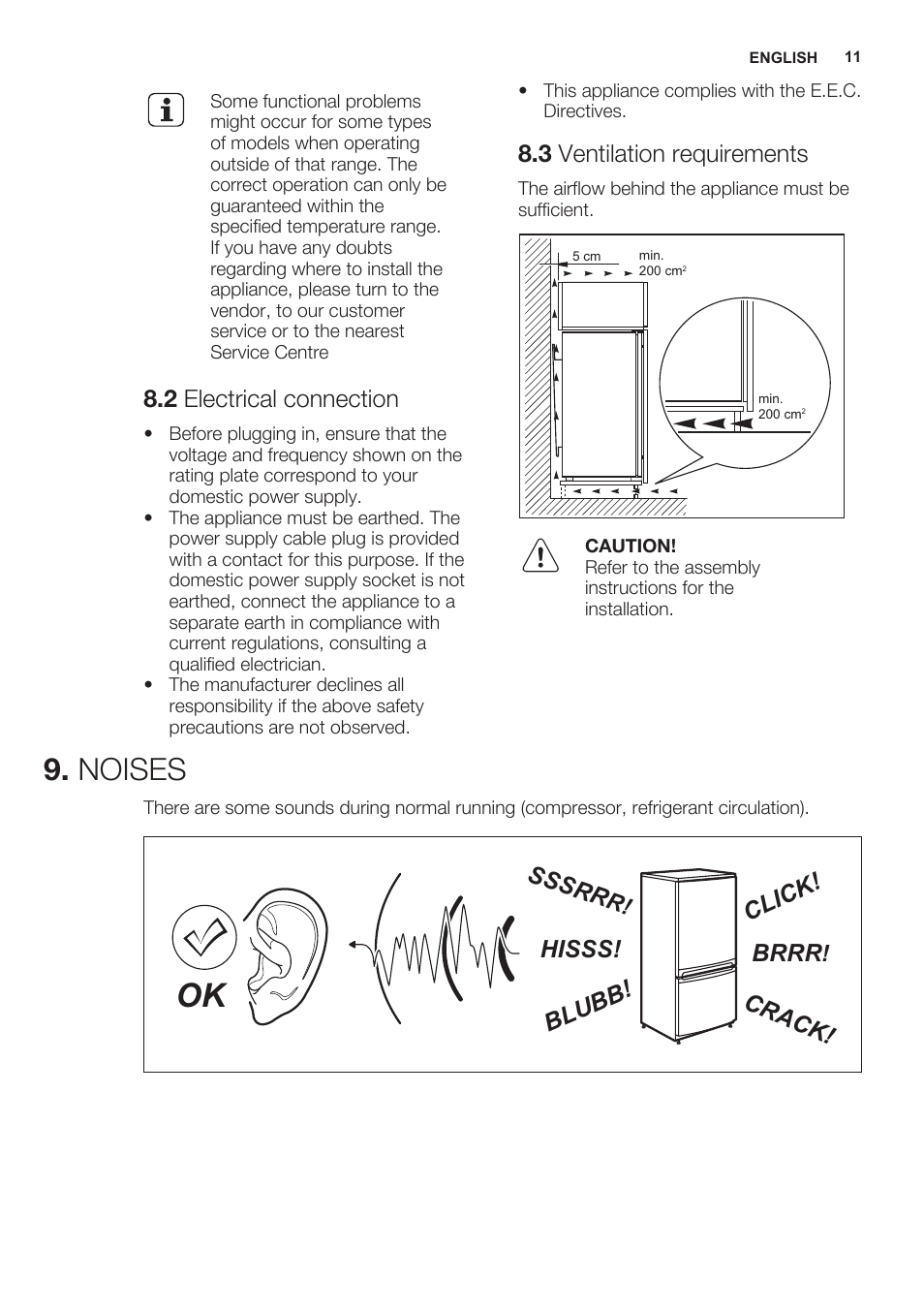2 electrical connection, 3 ventilation requirements, Noises | Brrr, Hisss! cl ic k! bl ub b! cr ac k! sssr r | Electrolux ERN2301AOW User Manual | Page 11 / 68
