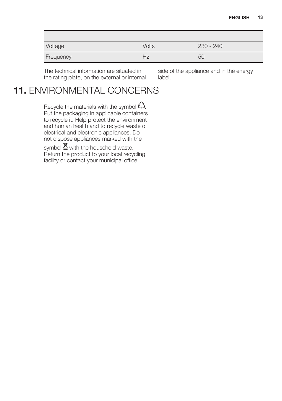 Environmental concerns | Electrolux ERN2301AOW User Manual | Page 13 / 68