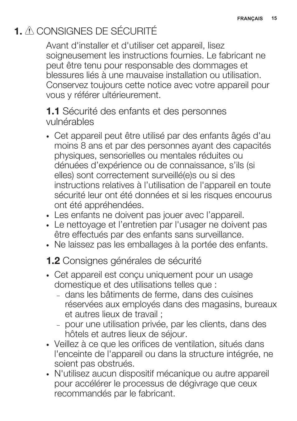 Consignes de sécurité, 2 consignes générales de sécurité | Electrolux ERN2301AOW User Manual | Page 15 / 68