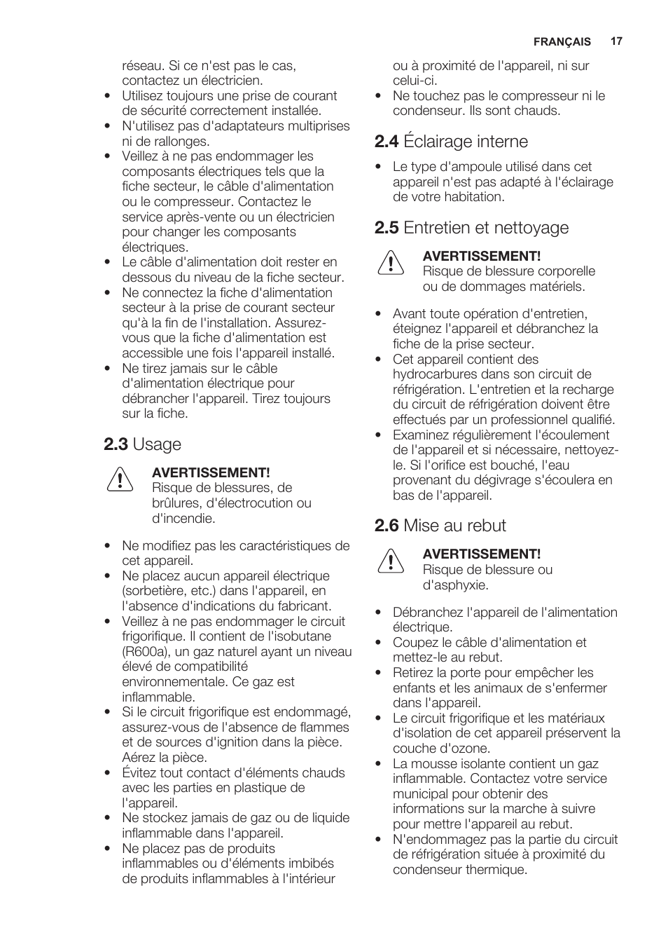 3 usage, 4 éclairage interne, 5 entretien et nettoyage | 6 mise au rebut | Electrolux ERN2301AOW User Manual | Page 17 / 68