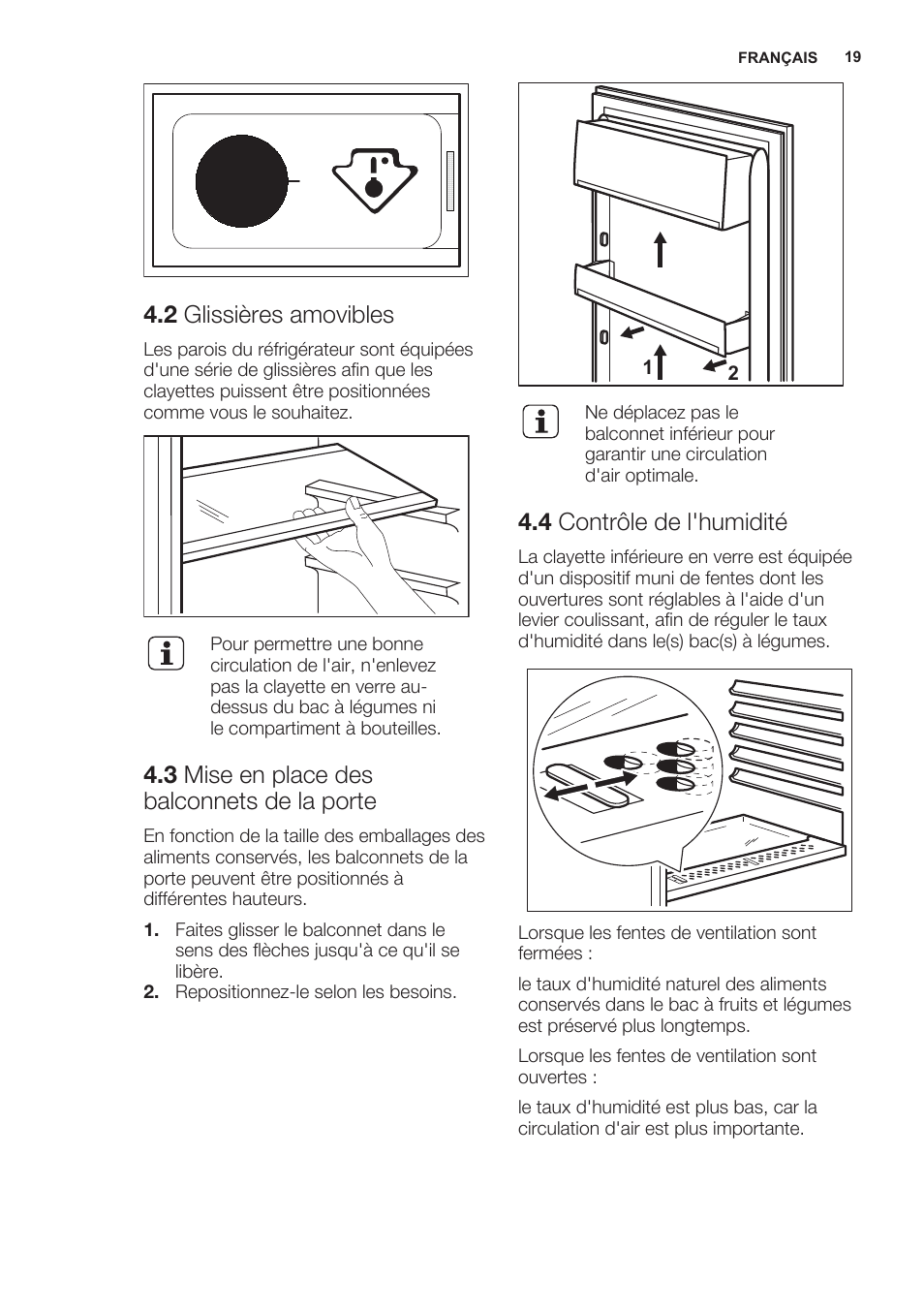 2 glissières amovibles, 3 mise en place des balconnets de la porte, 4 contrôle de l'humidité | Electrolux ERN2301AOW User Manual | Page 19 / 68