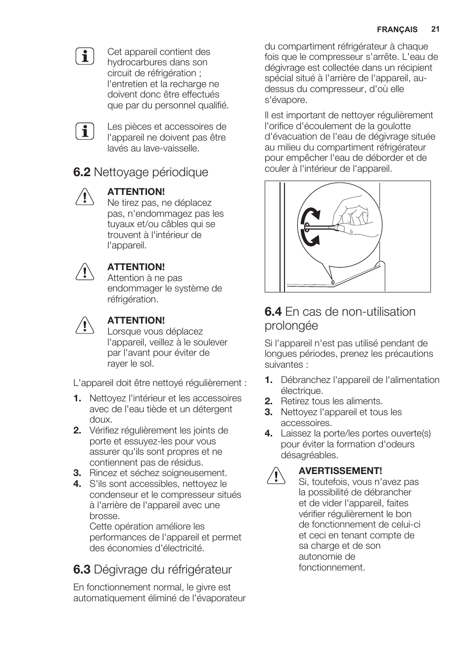 2 nettoyage périodique, 3 dégivrage du réfrigérateur, 4 en cas de non-utilisation prolongée | Electrolux ERN2301AOW User Manual | Page 21 / 68