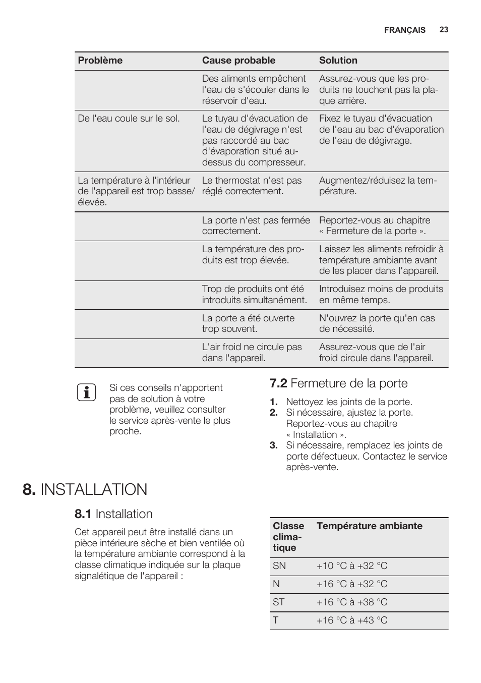 2 fermeture de la porte, Installation, 1 installation | Electrolux ERN2301AOW User Manual | Page 23 / 68