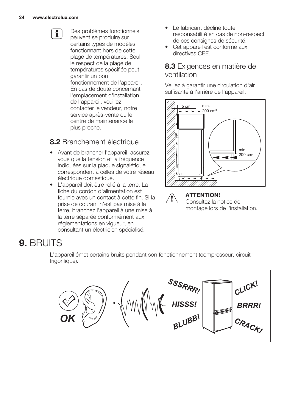 2 branchement électrique, 3 exigences en matière de ventilation, Bruits | Brrr, Hisss! cl ic k! bl ub b! cr ac k! sssr r | Electrolux ERN2301AOW User Manual | Page 24 / 68