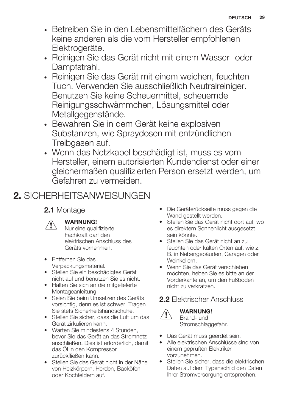 Sicherheitsanweisungen, 1 montage, 2 elektrischer anschluss | Electrolux ERN2301AOW User Manual | Page 29 / 68